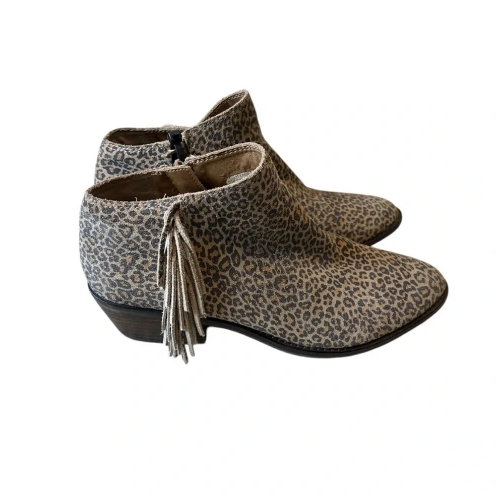 Lucky Brand Felisie Animal Print Cheetah Fringe Suede Bootie 7.5 / 38 Boho